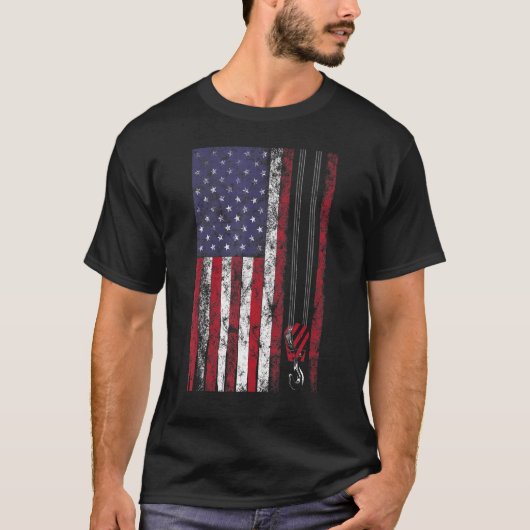薄い赤線アメリカ国旗のジョブ愛国的なクレーンオップ Tシャツ (正面)