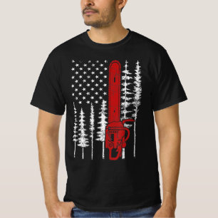 薄い赤線チェーンソー木材消防士 Tシャツ