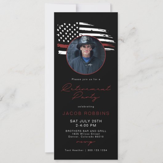 薄い赤線フラッグファイアマン退職パーティー文字 招待状 (正面)