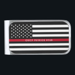 薄い赤線消防士の旗のモノグラム シルバー マネークリップ<br><div class="desc">このお金クリップは個人化なるためにあなたの黒い背景の星条旗との白黒消防士の薄い赤線米国旗のデザインおよび名前を特色にします。</div>