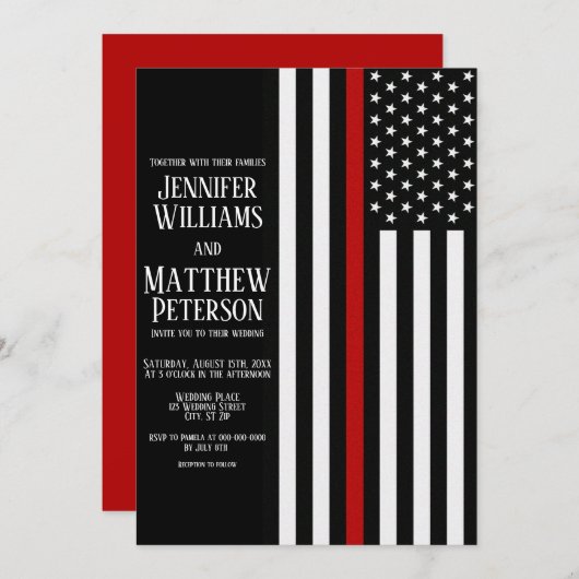 薄い赤線消防士結婚旗 招待状 (正面/裏面)