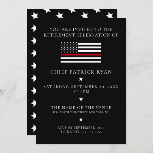 薄い赤線黒の消防士の旗の退職パーティー 招待状 (正面/裏面)