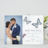薄い青いインクの蝶のデザイン Save the Date 招待状 (スタンド正面)