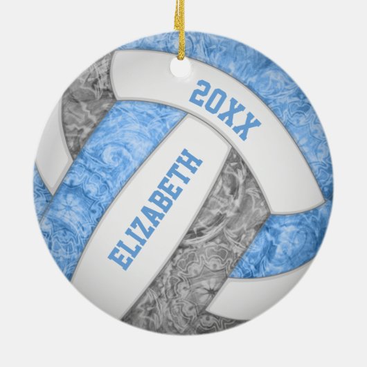 薄い青い灰色の白いスポーティガーリーバレーボール セラミックオーナメント (裏面)