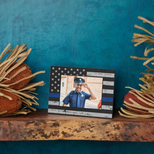 薄い青い線のカスタム写真警察官 フォトプラーク (側面)