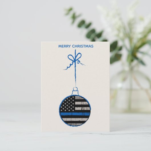 薄い青い線のクリスマス-警察の家族 シーズンポストカード (スタンド正面)