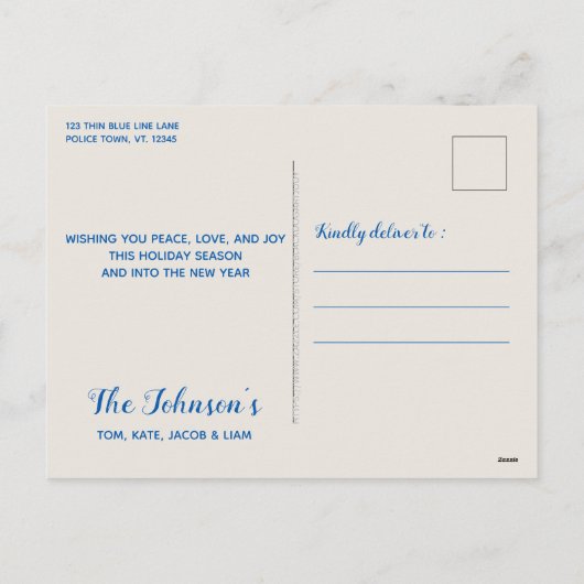 薄い青い線のクリスマス-警察の家族 シーズンポストカード (裏面)
