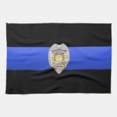 薄い青い線のフラグとバッジ キッチンタオル (横)