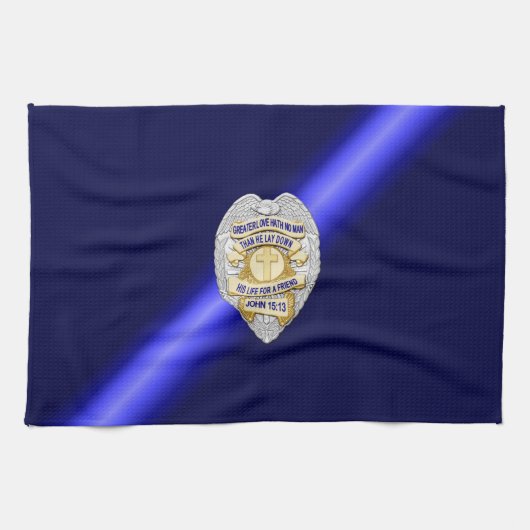 薄い青い線のフラグとバッジ キッチンタオル (横)