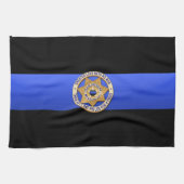 薄い青い線のフラグとバッジ キッチンタオル (横)