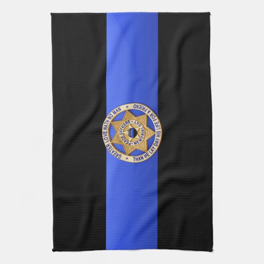 薄い青い線のフラグとバッジ キッチンタオル (縦)