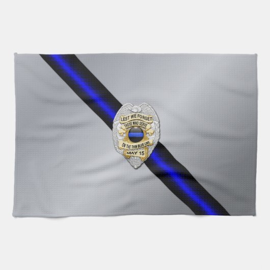 薄い青い線のフラグとバッジ キッチンタオル (横)