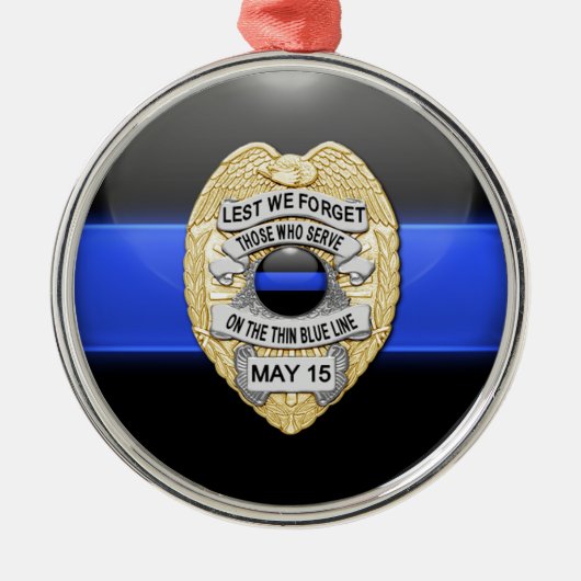 薄い青い線のボタ白熱［赤熱］光を放つンとバッジ メタルオーナメント (正面)