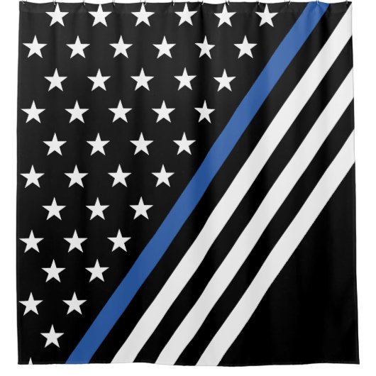薄い青い線の旗の星とストライプ シャワーカーテン (正面)