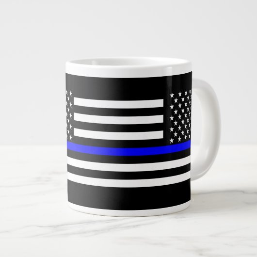 薄い青い線の黒白の米国国旗 ジャンボコーヒーマグカップ (正面右)