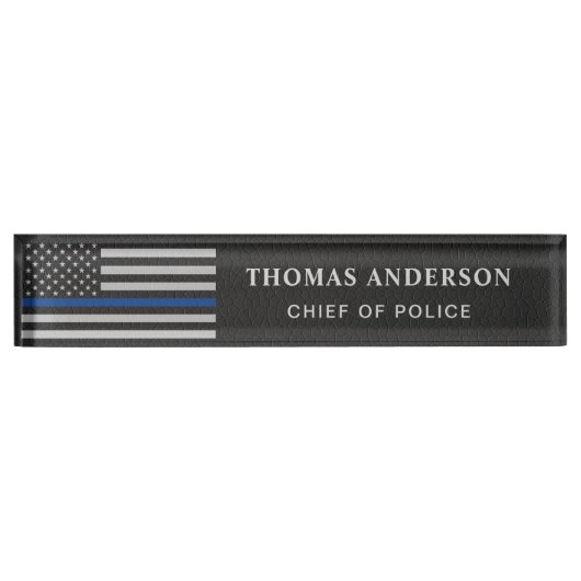 薄い青い線フェイク革の警察官 デスクネームプレート (正面)