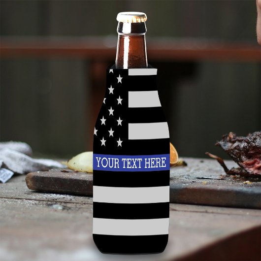 薄い青い線 – アメリカ国旗のパーソナライズされたカスタム ボトルクーラー