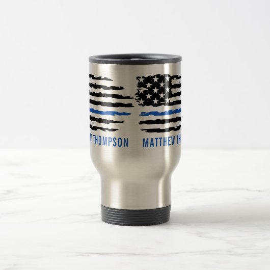 薄い青い線 – アメリカ国旗USA – 警察 トラベルマグ (中央)