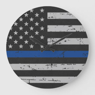 薄い青い線 – 警察官 – 米国国旗 ラージ壁時計