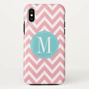 薄い青とピンクのシェブロンモカスタムノグラム iPhone XSケース