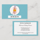 薄い青とベージュのチェックパターンと編み物 名刺 (正面/裏面)