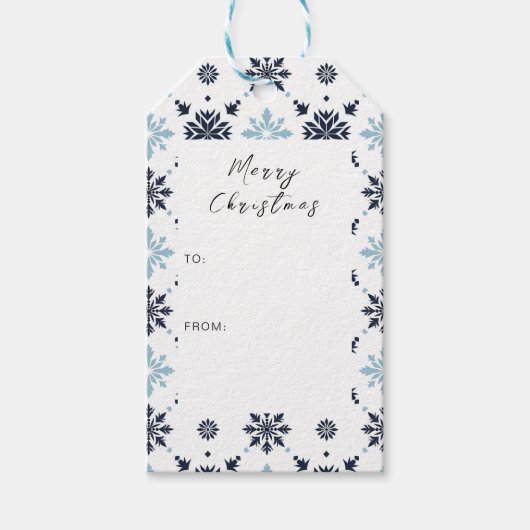 薄い青と白のスノーフレーク ギフトタグ (正面)