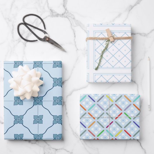 薄い青と白のタイルが混在 ラッピングペーパーシート (正面)