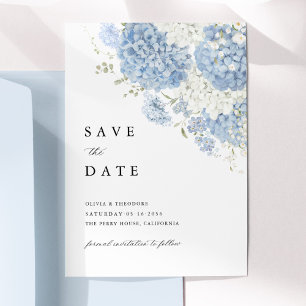 薄い青と白の花柄の「Save the Date」招待状 セーブザデート