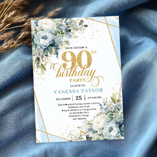 「薄い青と金の優雅な花模様の90歳の誕生日カード」 招待状