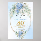 薄い青のハイドランジア ゴールド 80歳の誕生日 おめでとう ポスター (正面)
