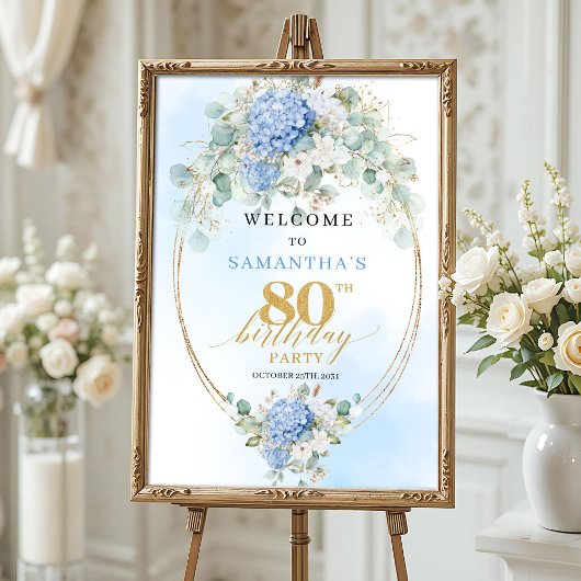 薄い青のハイドランジア ゴールド 80歳の誕生日 おめでとう ポスター