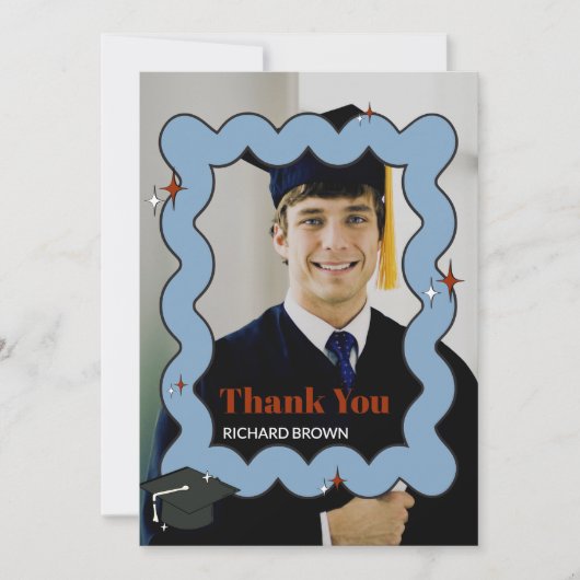 薄い青のレトロな波状の写真あなた感謝していを縮める サンキューカード (正面)