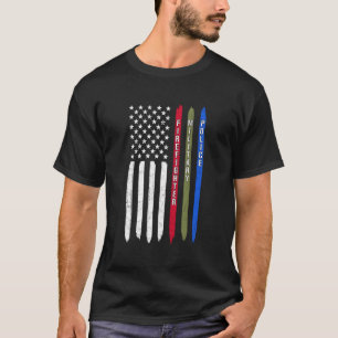 薄い青の赤の緑の線アメリカ国旗の警察Mili Tシャツ