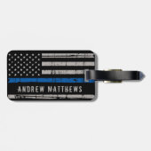 薄い青パーソナライズされたい線のアメリカ国旗警察 ラゲッジタグ (裏面横)