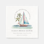 薄い青緑の帆船とヤシの木の海辺の風景 ブライダルシャワー スタンダードカクテルナプキン (正面)