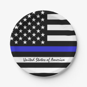 薄い青線とアメリカ国旗の警察/米国オフィス ペーパープレート