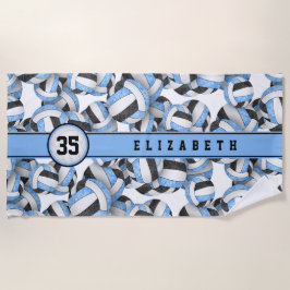 薄い青色の黒バレーボールの女の子チームカラー ビーチタオル