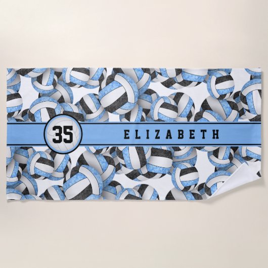 薄い青色の黒バレーボールの女の子チームカラー ビーチタオル (正面)