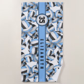 薄い青色の黒バレーボールの女の子チームカラー ビーチタオル (正面)