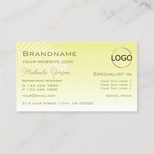 薄い黄色のグラデーションのヤシの葉モノグラムとロゴ 名刺 (裏面)