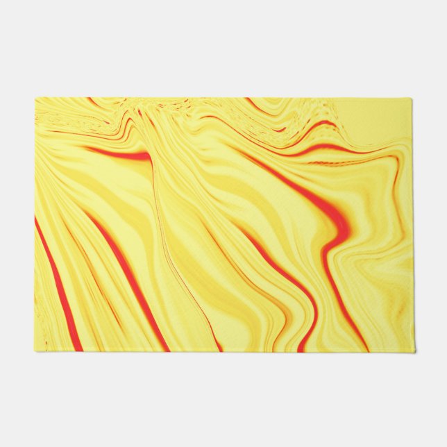 薄い黄色の色調、赤みを帯びた曲線を持つ波状の布 ドアマット (正面)