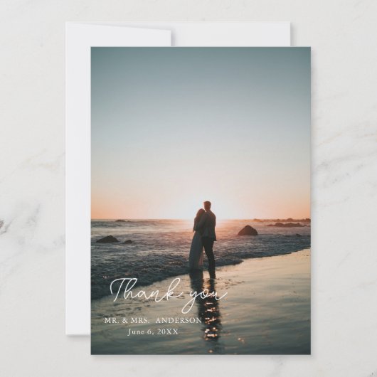 薄エレガント紫フローラ写真結婚の サンキューカード (正面)