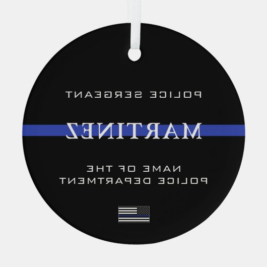 薄パーソナライズされたい青い線の警官の警官 ガラスオーナメント (裏面)