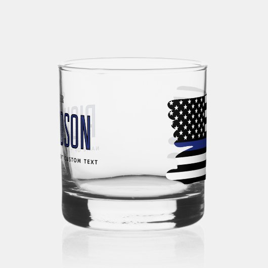 薄パーソナライズされたい青い線の警察官旗 ウイスキーグラス (右)