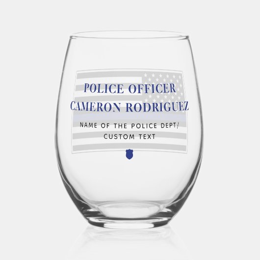 薄パーソナライズされたい青い線の警察官旗 ステムなしワイングラス (裏面)