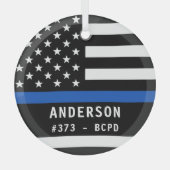 薄パーソナライズされた青ライン警察官 ガラスオーナメント (正面)