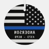 薄パーソナライズされた青ライン警察官 ガラスオーナメント (裏面)