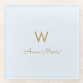 薄モダンい埃の青い金ゴールドスクリプトモノグラム ガラスコースター (正面)