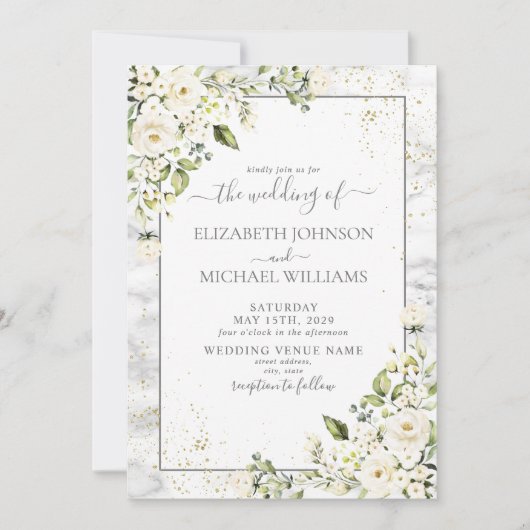 薄モダンい灰色の白フローラ金ゴールド結婚大理石 招待状 (正面)