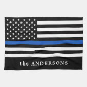 薄モダンい青い線の名パーソナライズされた前警察 キッチンタオル (横)